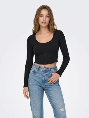 ZARA Black Ribbed Long-Sleeve Cropped Bustier Top Cotton Scoop Neckline